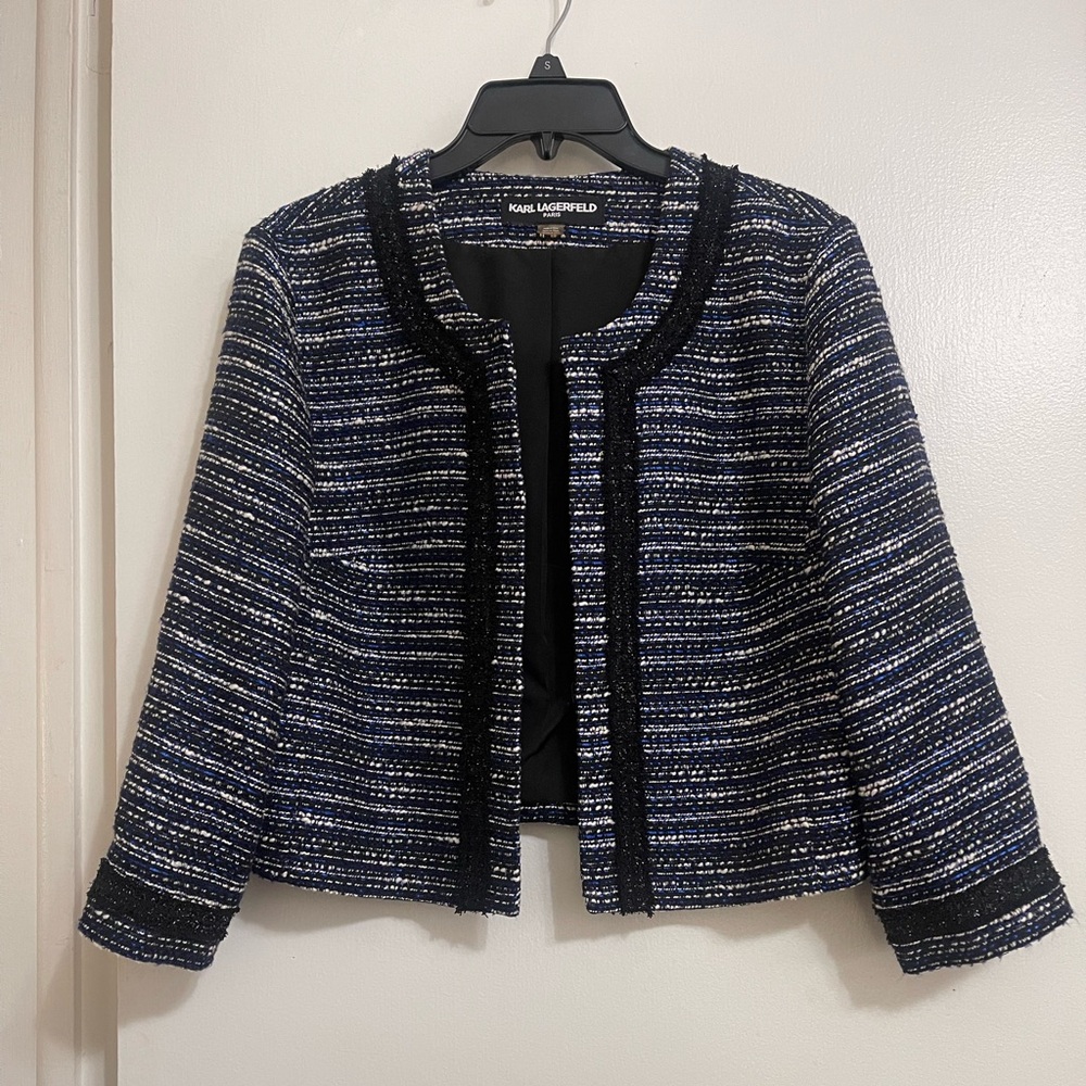 Karl Lagerfeld Open Front Blazer Blue Collarless Size Large - Picture 3 of 6